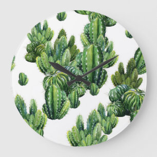 Grande Horloge Ronde Aquarelle Cactus sans fil Motif d'illustration