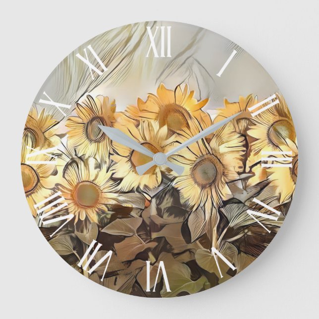 Grande Horloge Ronde Aquarelle Champ De Fleurs De Soleil Élégante Colle (Recto)