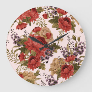 Grande Horloge Ronde Aquarelle Chrysanthemum Roses : Floral sans fil