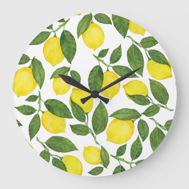 Grande Horloge Ronde Aquarelle Citrons : Motif de fruits d'été (Recto)