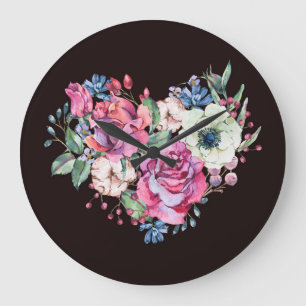 Grande Horloge Ronde Aquarelle coeur floral : roses vintages.