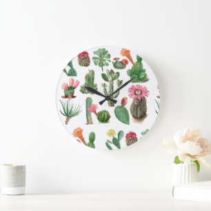 Grande Horloge Ronde Aquarelle colorée Cactus et succulents Fleurs