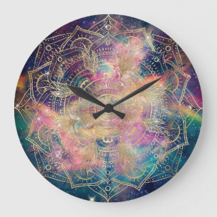 Grande Horloge Ronde Aquarelle couleur Mandala or élégant Nebula