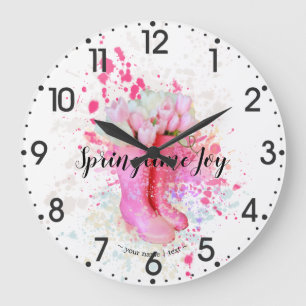 Grande Horloge Ronde Aquarelle couleur printemps Boots et tulipes roses