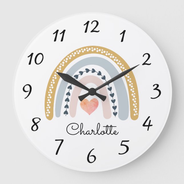 Grande Horloge Ronde Aquarelle Cute Boho personnalisée Arc-en-ciel Gran (Recto)