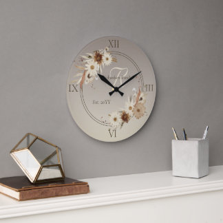 Grande Horloge Ronde Aquarelle d'automne Monogramme floral Personnalisé