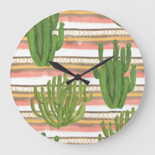 Grande Horloge Ronde Aquarelle de cactus, arrière - plan rayé, couche t