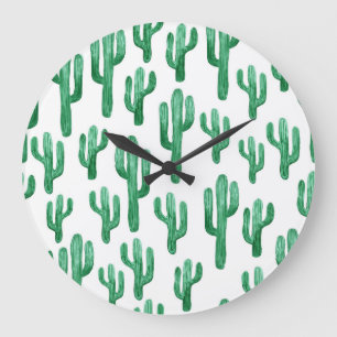 Grande Horloge Ronde Aquarelle de cactus : illustration à main