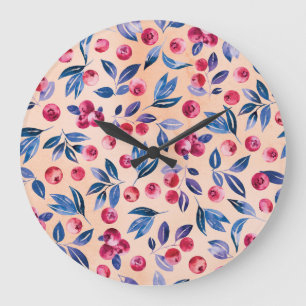 Grande Horloge Ronde Aquarelle de canneberge : Berries sauvages sans me