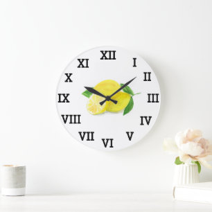 Grande Horloge Ronde Aquarelle de citron Fruit jaune Citrus d'été