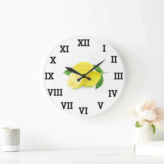 Grande Horloge Ronde Aquarelle de citron Fruit jaune Citrus d'été (Maison)