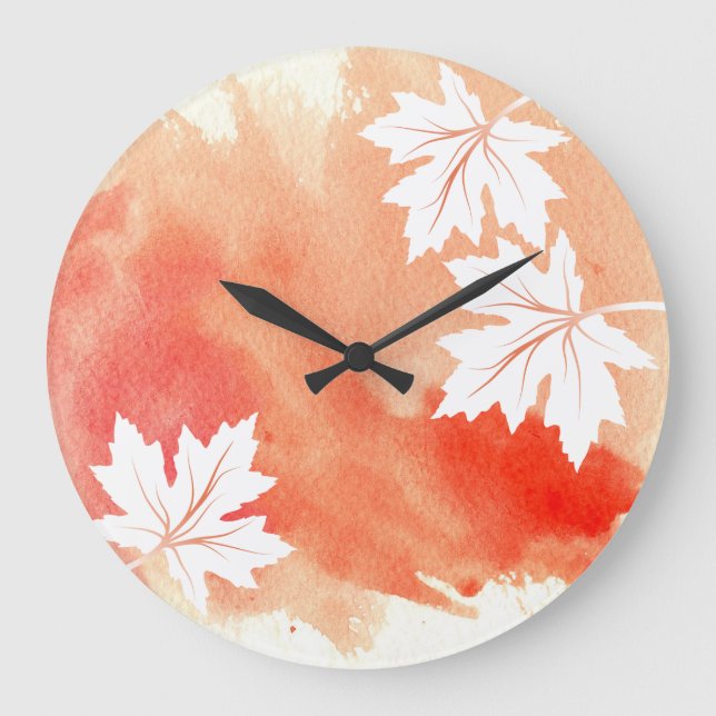 Grande Horloge Ronde Aquarelle de corail moderne et feuilles d'érable (Recto)