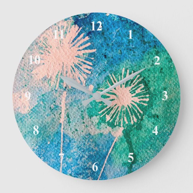 Grande Horloge Ronde Aquarelle de Dandelion bleu et vert abstrait (Recto)