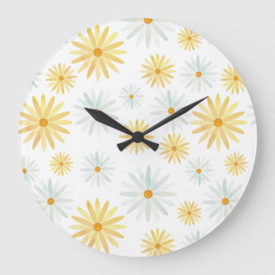 Grande Horloge Ronde Aquarelle de fleurs Motif de marguerites d'avril