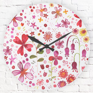 Grande Horloge Ronde Aquarelle de fleurs sauvages