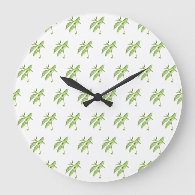 Grande Horloge Ronde Aquarelle de jardin vert plante d'herbe de menthe (Recto)