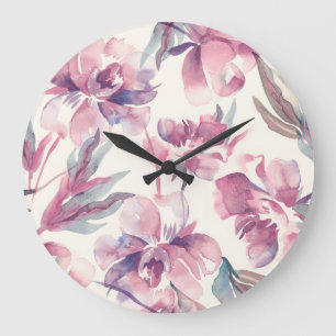 Grande Horloge Ronde Aquarelle de pivoines : arrière - plan floral tran
