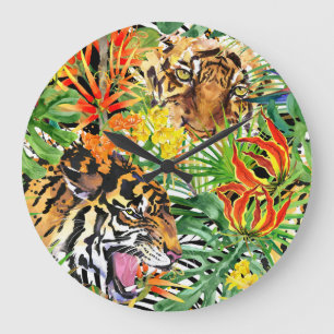 Grande Horloge Ronde Aquarelle de tigre tropical Motif de jungle