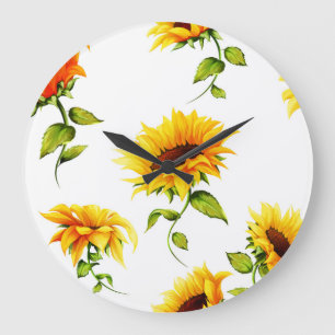 Grande Horloge Ronde Aquarelle de tournesol à main vintage