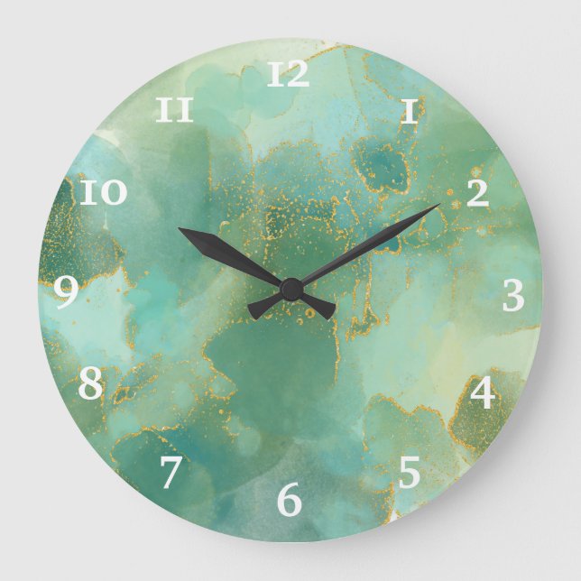 Grande Horloge Ronde Aquarelle d'encre d'alcool vert chic (Recto)