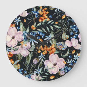 Grande Horloge Ronde Aquarelle douce : Baies florales roses