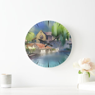 Grande Horloge Ronde Aquarelle du village fluvial allemand