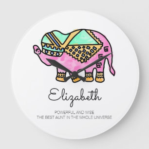 Grande Horloge Ronde Aquarelle éléphant coloré moderne personnalisé
