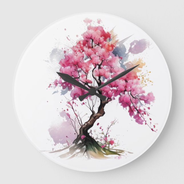 Grande Horloge Ronde Aquarelle en fleurs complètes Sakura Cherry Blosso (Recto)