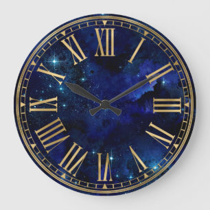 Grande Horloge Ronde Aquarelle Encre Bleu foncé Galaxie & Étoiles
