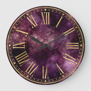 Grande Horloge Ronde Aquarelle Encre Bourgogne foncé Galaxie & Étoiles