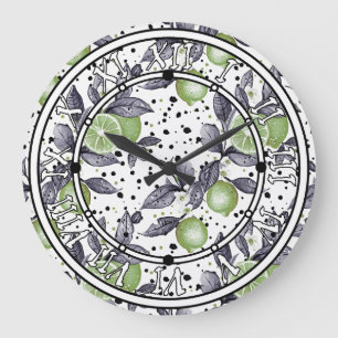Grande Horloge Ronde aquarelle esquissée détaillée de feuilles verts, c