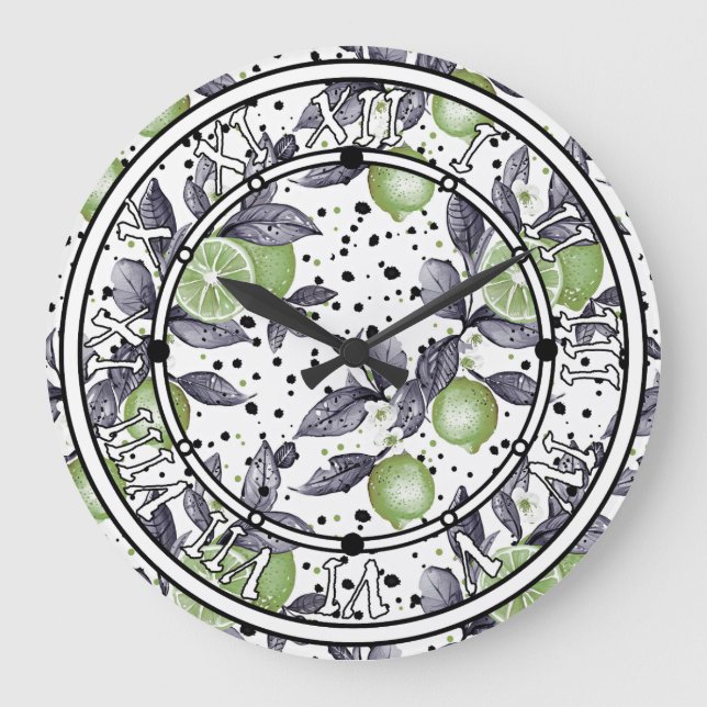 Grande Horloge Ronde aquarelle esquissée détaillée de feuilles verts, c (Recto)