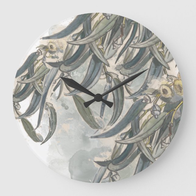 Grande Horloge Ronde Aquarelle Eucalyptus Verdure Feuille (Recto)