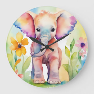 Grande Horloge Ronde Aquarelle Faune Eléphant