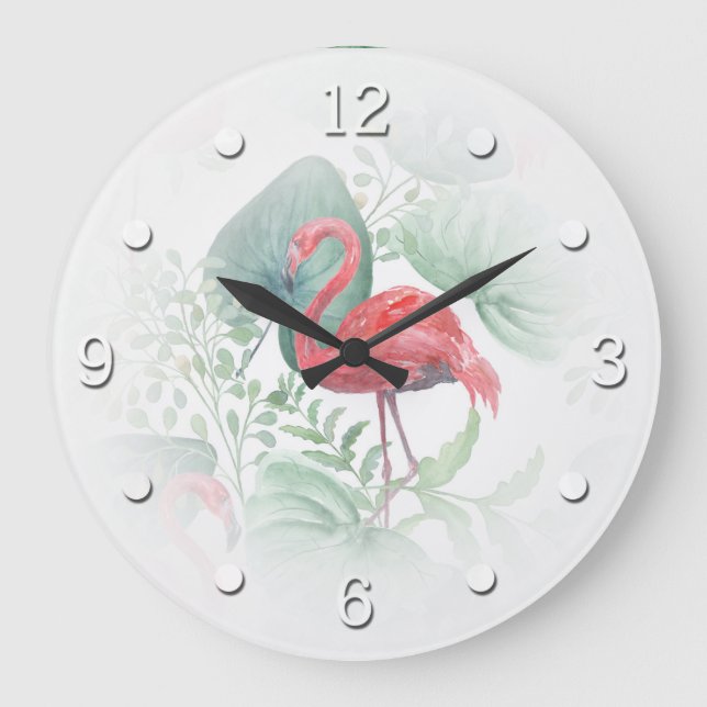 Grande Horloge Ronde Aquarelle flamants roses et feuilles. (Recto)