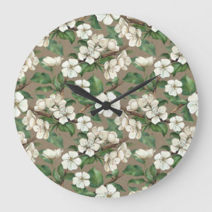 Grande Horloge Ronde Aquarelle Fleurs Apple : Motif Vintage.