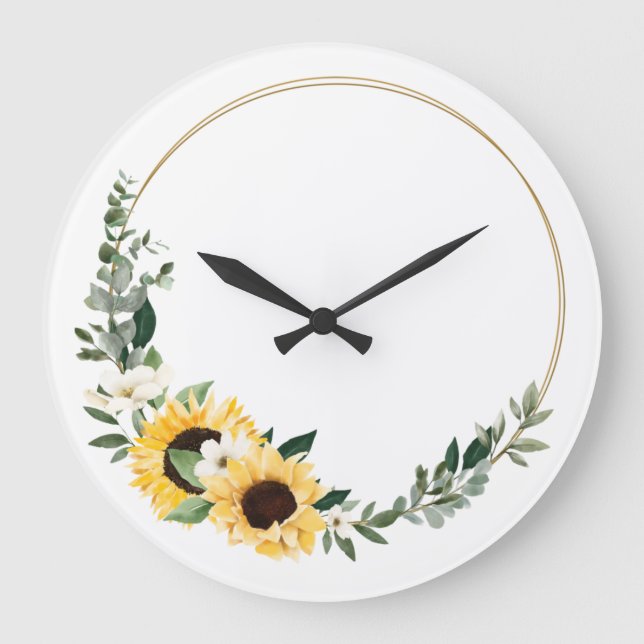 Grande Horloge Ronde Aquarelle Fleurs de soleil jaunes et couronne Fleu (Recto)