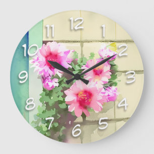 Grande Horloge Ronde Aquarelle Fleurs roses