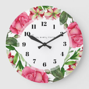 Grande Horloge Ronde Aquarelle Fleurs roses Cercle de couronne