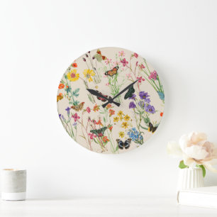 Grande Horloge Ronde Aquarelle Fleurs sauvages & papillons Jardin Flora