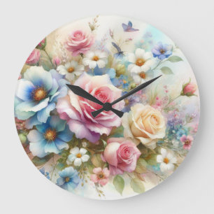 Grande Horloge Ronde Aquarelle florale aux couleurs pastel douces