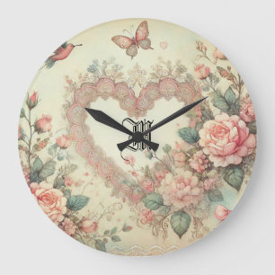 Grande Horloge Ronde Aquarelle Florale Bohème Vintage Cœurs Pastel