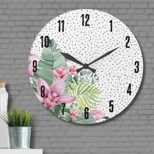 Grande Horloge Ronde Aquarelle florale élégant Tropical