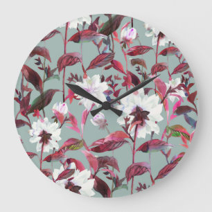 Grande Horloge Ronde Aquarelle Florale : Fleurs dessinées à la main.