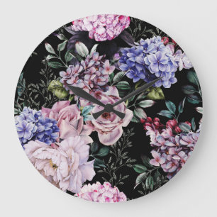 Grande Horloge Ronde Aquarelle florale foncée Design sans joint