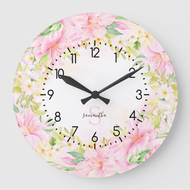 Grande Horloge Ronde Aquarelle Florale Monogramme Botanique Rose (Recto)