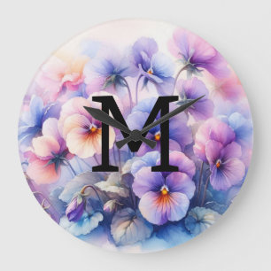 Grande Horloge Ronde Aquarelle florale monogramme rose pourpre panses