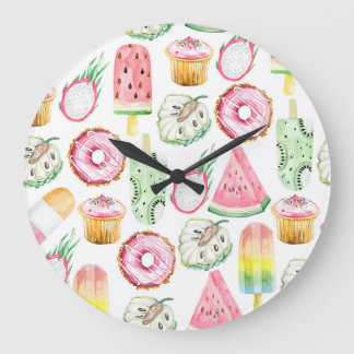 Grande Horloge Ronde Aquarelle fruits tropicaux, glace motif.