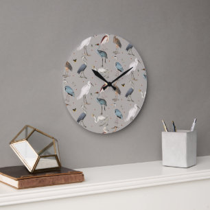 Grande Horloge Ronde Aquarelle Heron Bird Egret Nature Motif