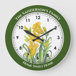 Grande Horloge Ronde Aquarelle Jaune Lys Floral Illustration